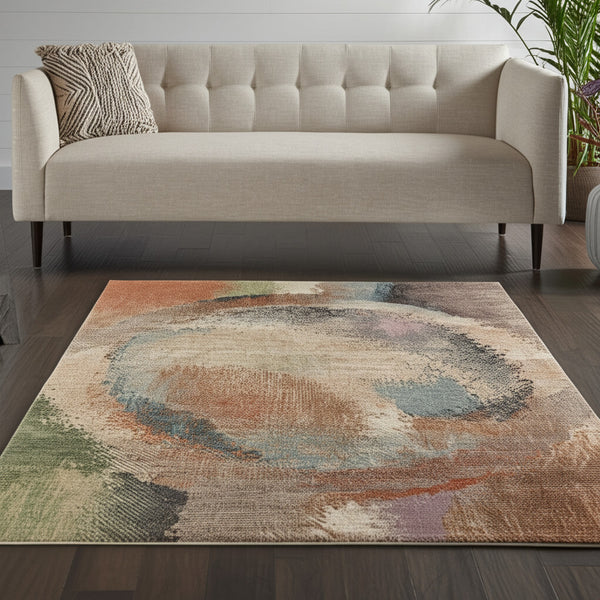 Homeroots 10' X 13' Stylish Abstract Distressed Area Rug - Durable, Stain-resistant, Perfect For Any Space! Brown,Tan,Blue Polypropylene Blend 617089