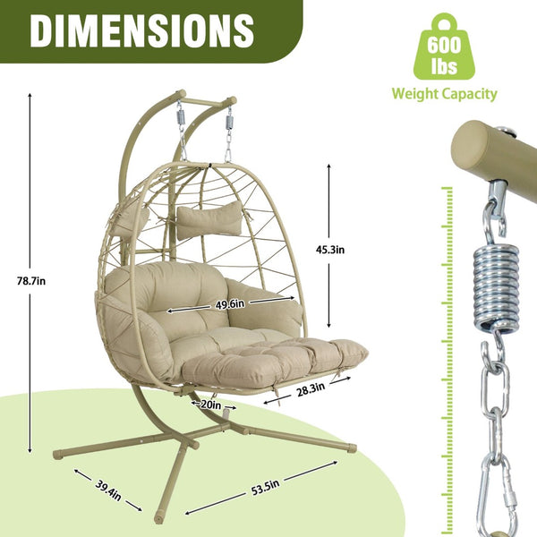 English Elm 2 Person Wicker Hanging Egg Chair with Stand Padded Cushions Patio Swing Seat T5880P500217