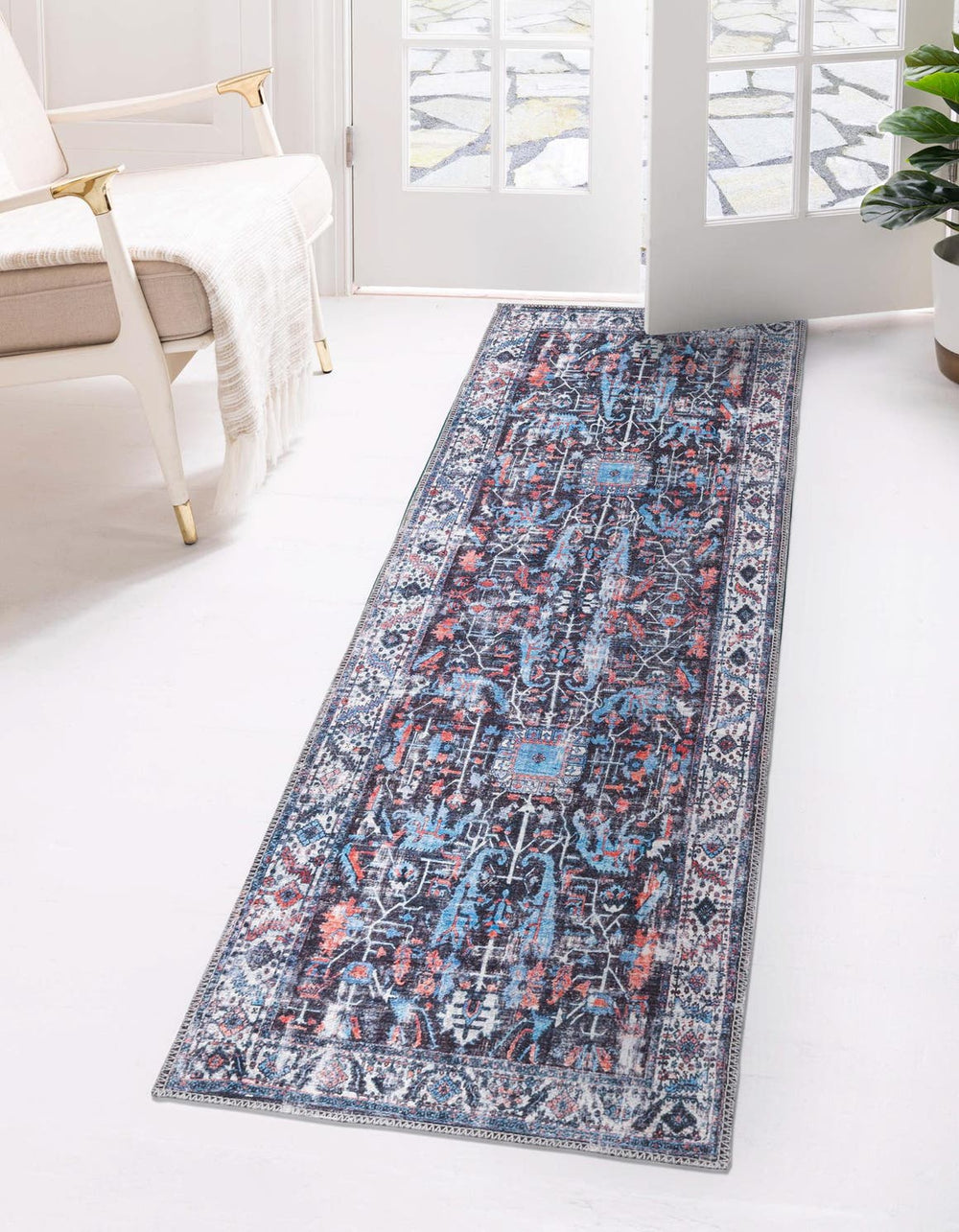 Unique Loom Mangata Mahtaab Machine Made Border Rug Black, Blue/Ivory/Light Blue/Peach/Red 2' 7" x 13' 1"