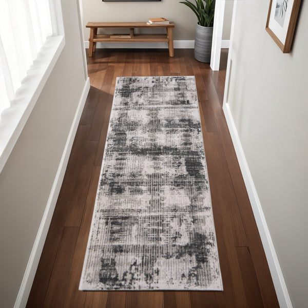 Homeroots 8' Gray And Ivory Abstract Runner Rug – Durable, Stain-resistant Design For Hallways And More! Gray,Ivory Polypropylene Blend 617107