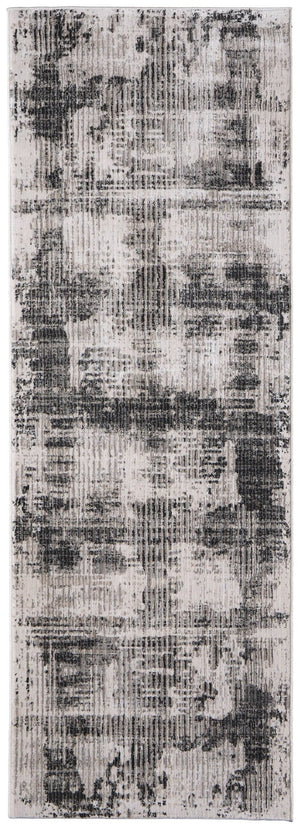 HomeRoots 8' Gray and Ivory Abstract Runner Rug - Durable, Stain-Resistant, Modern Design for High-Traffic Areas 617107