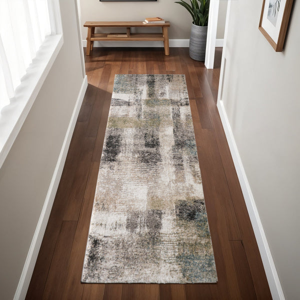 Homeroots 10' Stylish Abstract Distressed Area Rug - Durable, Stain Resistant, Perfect For Pets & Kids Spaces Gray,Taupe,Ivory Polypropylene Blend 617109