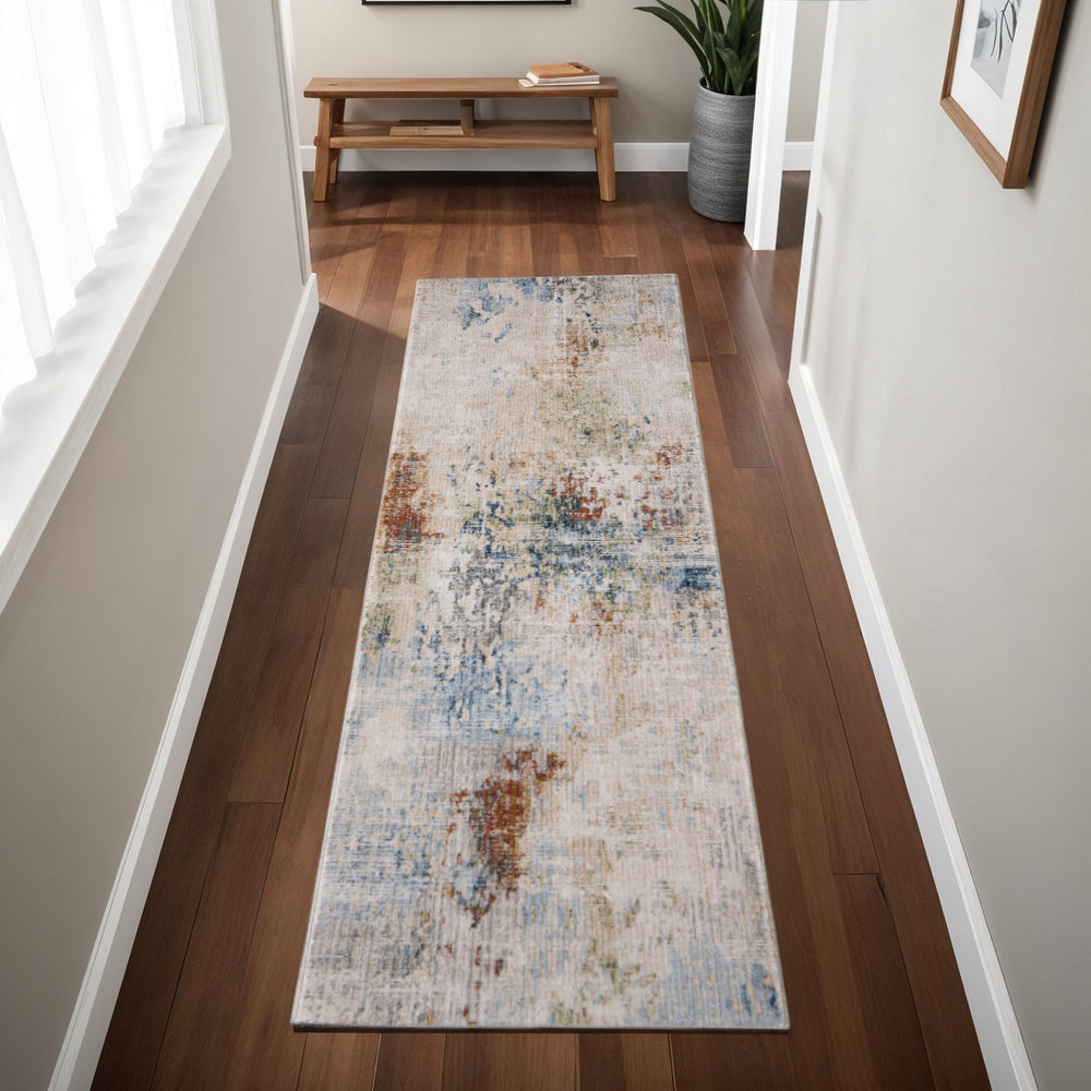 Homeroots 8' Stain Resistant Ivory Blue And Red Abstract Runner Rug - Durable, Stylish Accent For Any Space Ivory,Blue,Red Polypropylene Blend 617113
