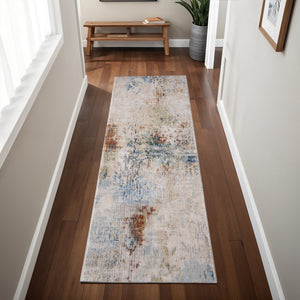 Homeroots 8' Stain Resistant Ivory Blue And Red Abstract Runner Rug - Durable, Stylish Accent For Any Space Ivory,Blue,Red Polypropylene Blend 617113