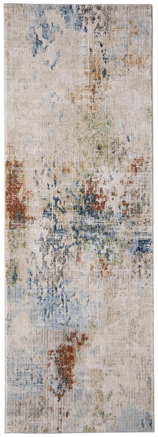HomeRoots 8' Ivory Blue and Red Abstract Runner Rug - Modern Design, Stain-Resistant, Ideal for High-Traffic Areas 617113