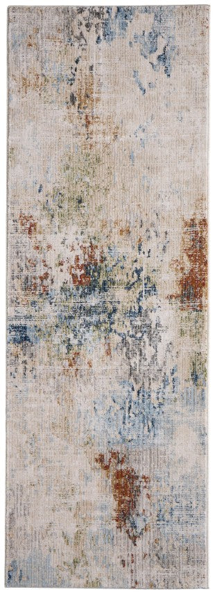 Homeroots 8' Stain Resistant Ivory Blue And Red Abstract Runner Rug - Durable, Stylish Accent For Any Space Ivory,Blue,Red Polypropylene Blend 617113