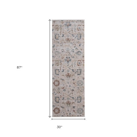 Homeroots 8' Ivory Blue And Gold Floral Distressed Runner Rug With Fringe – Stain Resistant, Bohemian Style Décor Ivory,Blue,Gold Polyester Blend 617114