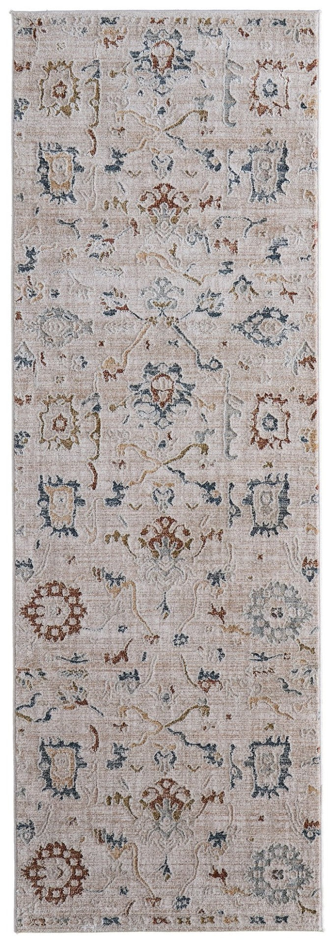 HomeRoots 8' Distressed Floral Runner Rug in Ivory, Blue, and Gold - Stylish, Durable, and Stain-Resistant Design 617114