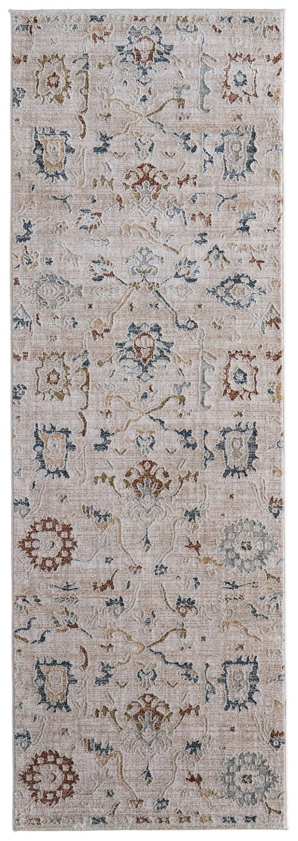 HomeRoots 8' Distressed Floral Runner Rug in Ivory, Blue, and Gold - Stylish, Durable, and Stain-Resistant Design 617114