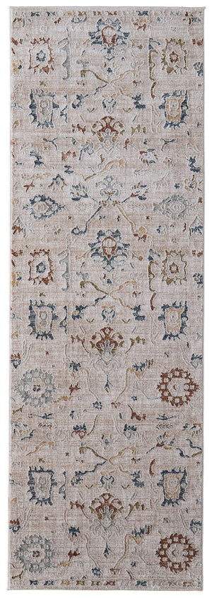 Homeroots 8' Ivory Blue And Gold Floral Distressed Runner Rug With Fringe – Stain Resistant, Bohemian Style Décor Ivory,Blue,Gold Polyester Blend 617114