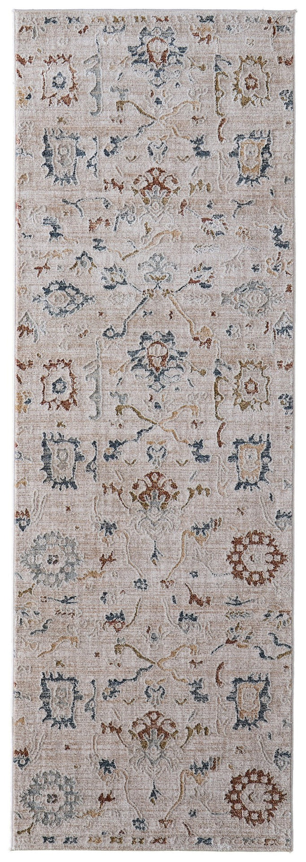 Homeroots 8' Ivory Blue And Gold Floral Distressed Runner Rug With Fringe – Stain Resistant, Bohemian Style Décor Ivory,Blue,Gold Polyester Blend 617114