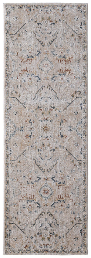 Homeroots 8' Abstract Distressed Runner Rug With Fringe – Stylish, Stain-resistant Accent For Any Space Taupe,Ivory,Blue Polyester Blend 617116
