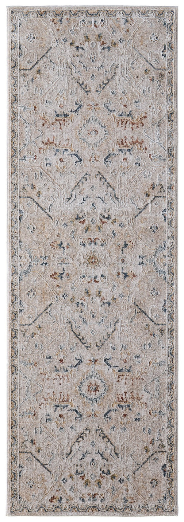 Homeroots 8' Abstract Distressed Runner Rug With Fringe – Stylish, Stain-resistant Accent For Any Space Taupe,Ivory,Blue Polyester Blend 617116