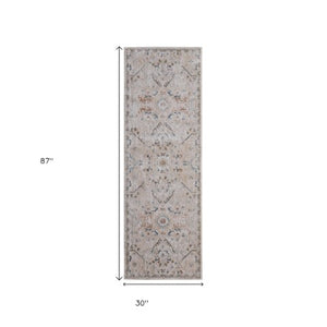 Homeroots 8' Abstract Distressed Runner Rug With Fringe – Stylish, Stain-resistant Accent For Any Space Taupe,Ivory,Blue Polyester Blend 617116