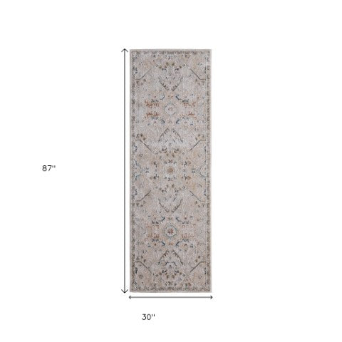 Homeroots 8' Abstract Distressed Runner Rug With Fringe – Stylish, Stain-resistant Accent For Any Space Taupe,Ivory,Blue Polyester Blend 617116