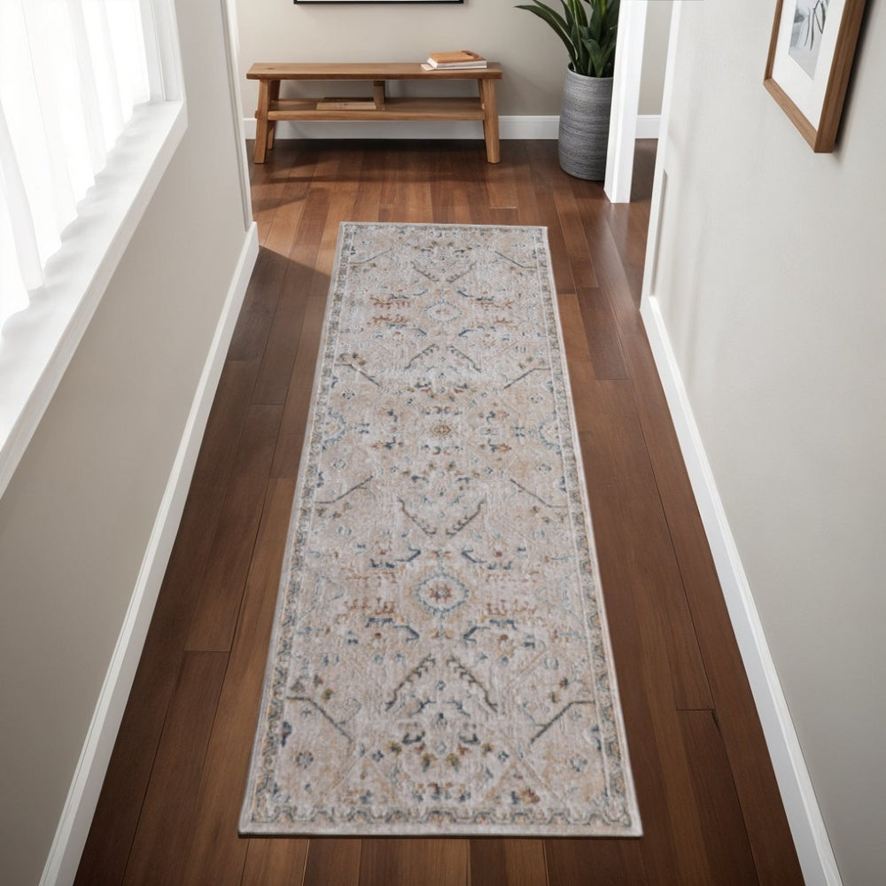 HomeRoots 8' Bohemian Taupe Ivory Blue Distressed Runner Rug with Fringed Tassels - Stain-Resistant Comfort 617116