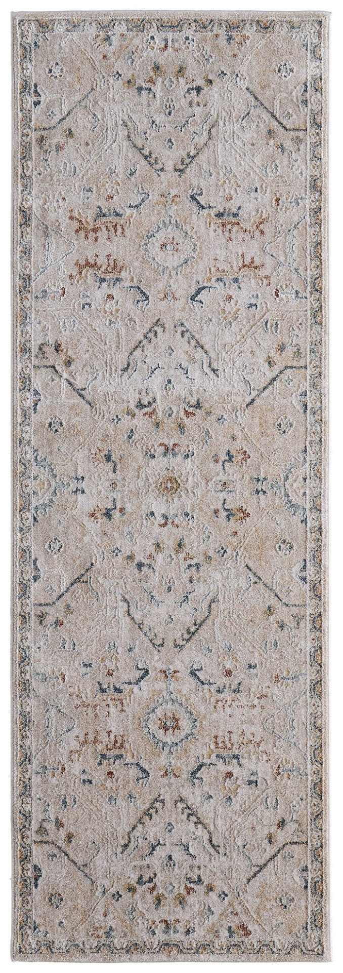 HomeRoots 8' Bohemian Taupe Ivory Blue Distressed Runner Rug with Fringed Tassels - Stain-Resistant Comfort 617116