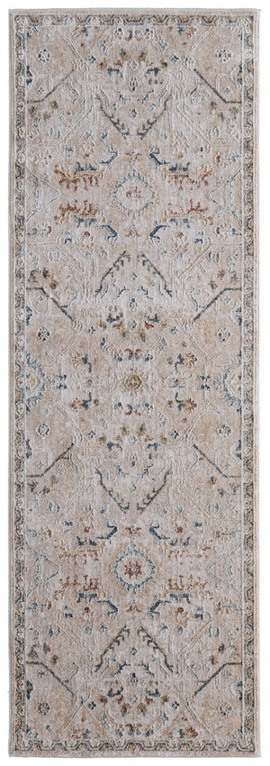 HomeRoots 8' Bohemian Taupe Ivory Blue Distressed Runner Rug with Fringed Tassels - Stain-Resistant Comfort 617116