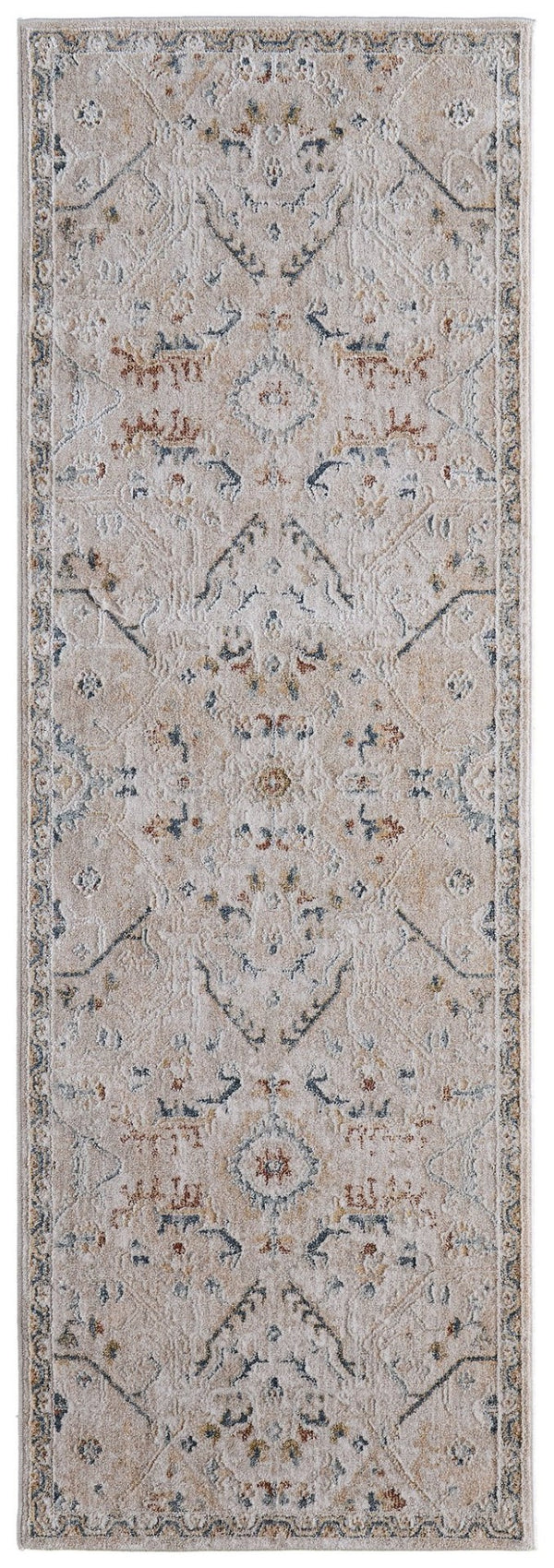HomeRoots 8' Bohemian Taupe Ivory Blue Distressed Runner Rug with Fringed Tassels - Stain-Resistant Comfort 617116
