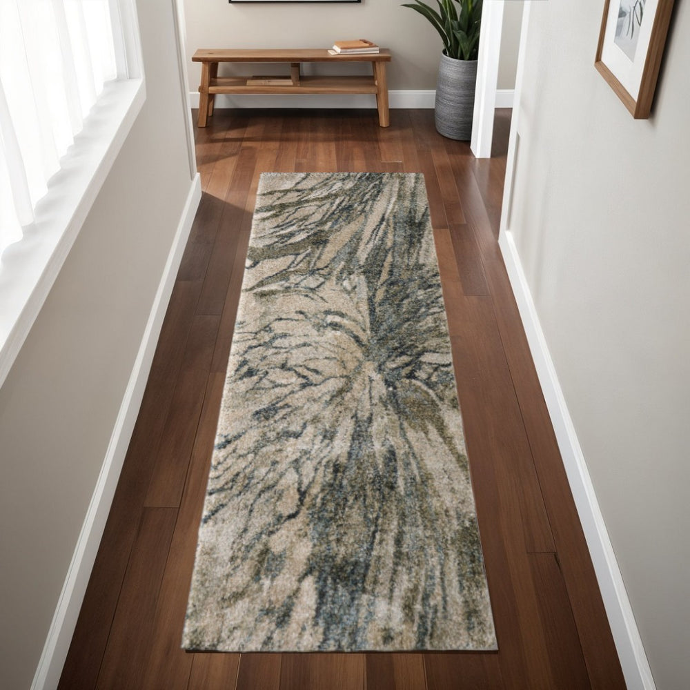 HomeRoots 10' Abstract Area Rug in Gray Green & Ivory - Modern, Stain-Resistant, Plush Design for Any Space 8' Runner 617117