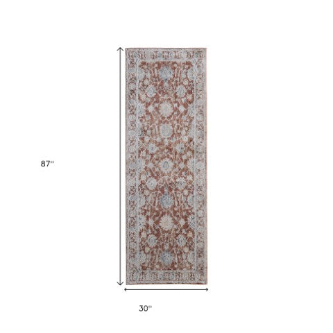 Homeroots 8' Floral Distressed Runner Rug With Fringe - Stylish, Stain-resistant Accent For Any Space Red,Ivory,Blue Polyester Blend 617118