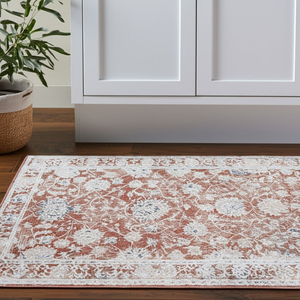 HomeRoots 8' Distressed Floral Runner Rug in Red, Ivory & Blue – Stylish, Stain-Resistant, Perfect for Any Space! 617118