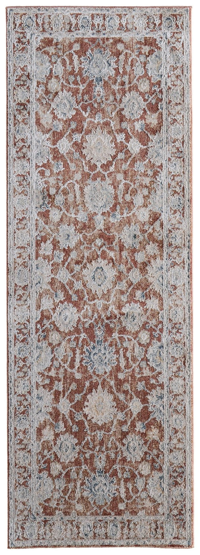 HomeRoots 8' Distressed Floral Runner Rug in Red, Ivory & Blue – Stylish, Stain-Resistant, Perfect for Any Space! 617118
