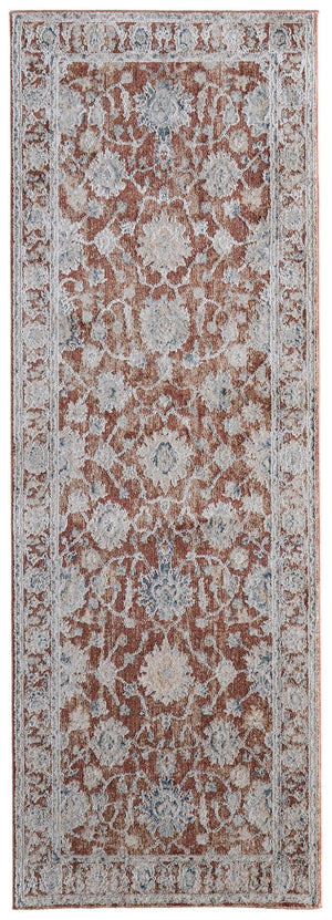 HomeRoots 8' Distressed Floral Runner Rug in Red, Ivory & Blue – Stylish, Stain-Resistant, Perfect for Any Space! 617118