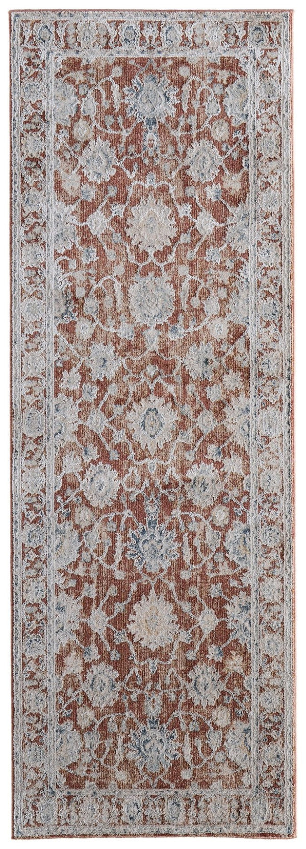 HomeRoots 8' Distressed Floral Runner Rug in Red, Ivory & Blue – Stylish, Stain-Resistant, Perfect for Any Space! 617118