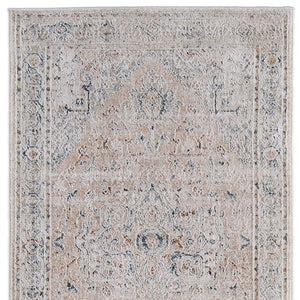 Homeroots 8' Ivory Taupe & Blue Distressed Runner Rug With Fringe - Bohemian Style, Stain-resistant Accent Ivory,Taupe,Blue Polyester Blend 617121