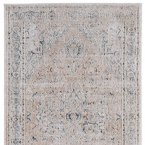 Homeroots 8' Ivory Taupe & Blue Distressed Runner Rug With Fringe - Bohemian Style, Stain-resistant Accent Ivory,Taupe,Blue Polyester Blend 617121