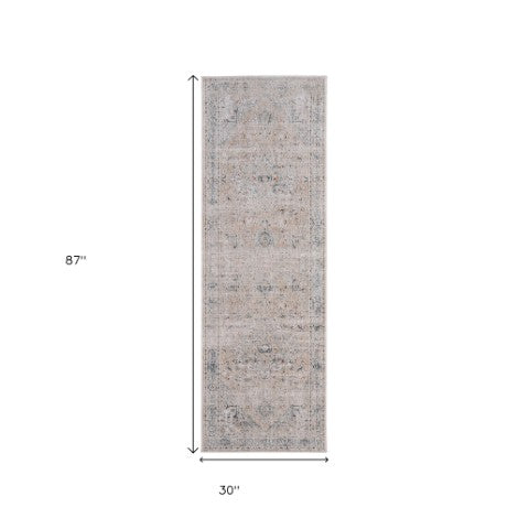 Homeroots 8' Ivory Taupe & Blue Distressed Runner Rug With Fringe - Bohemian Style, Stain-resistant Accent Ivory,Taupe,Blue Polyester Blend 617121