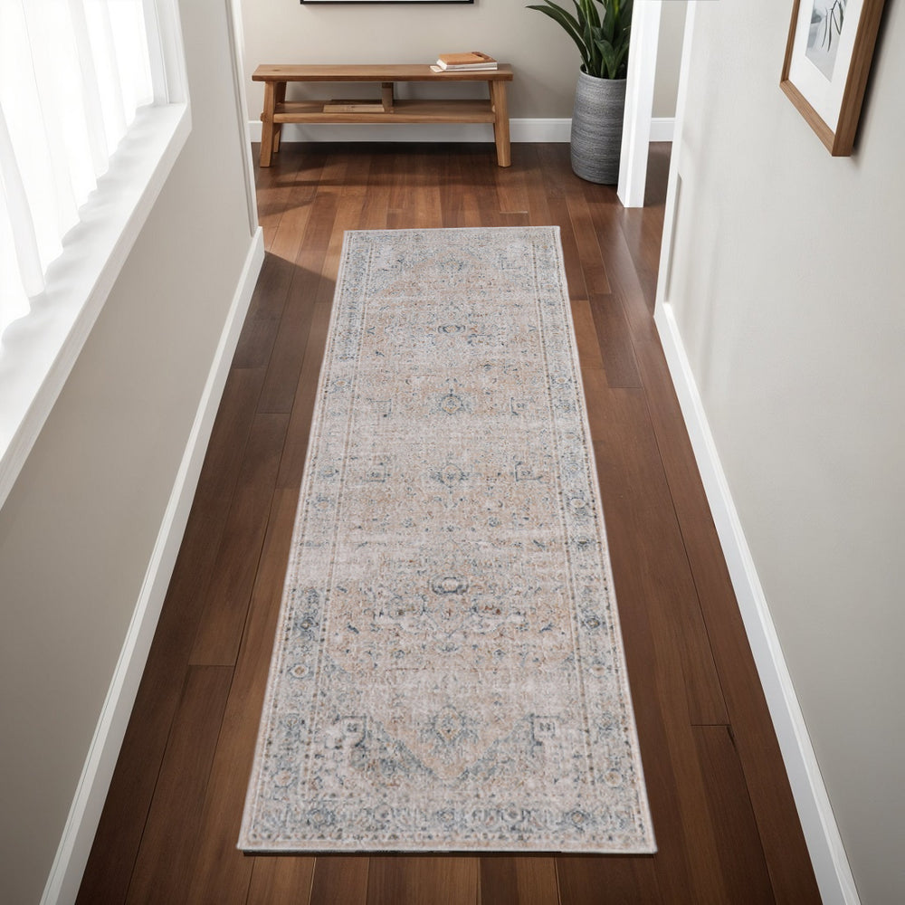 Homeroots 8' Ivory Taupe & Blue Distressed Runner Rug With Fringe - Bohemian Style, Stain-resistant Accent Ivory,Taupe,Blue Polyester Blend 617121