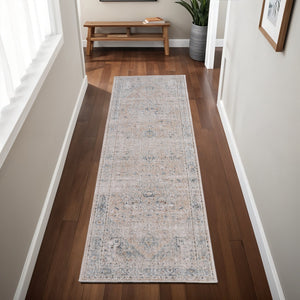 Homeroots 8' Ivory Taupe & Blue Distressed Runner Rug With Fringe - Bohemian Style, Stain-resistant Accent Ivory,Taupe,Blue Polyester Blend 617121