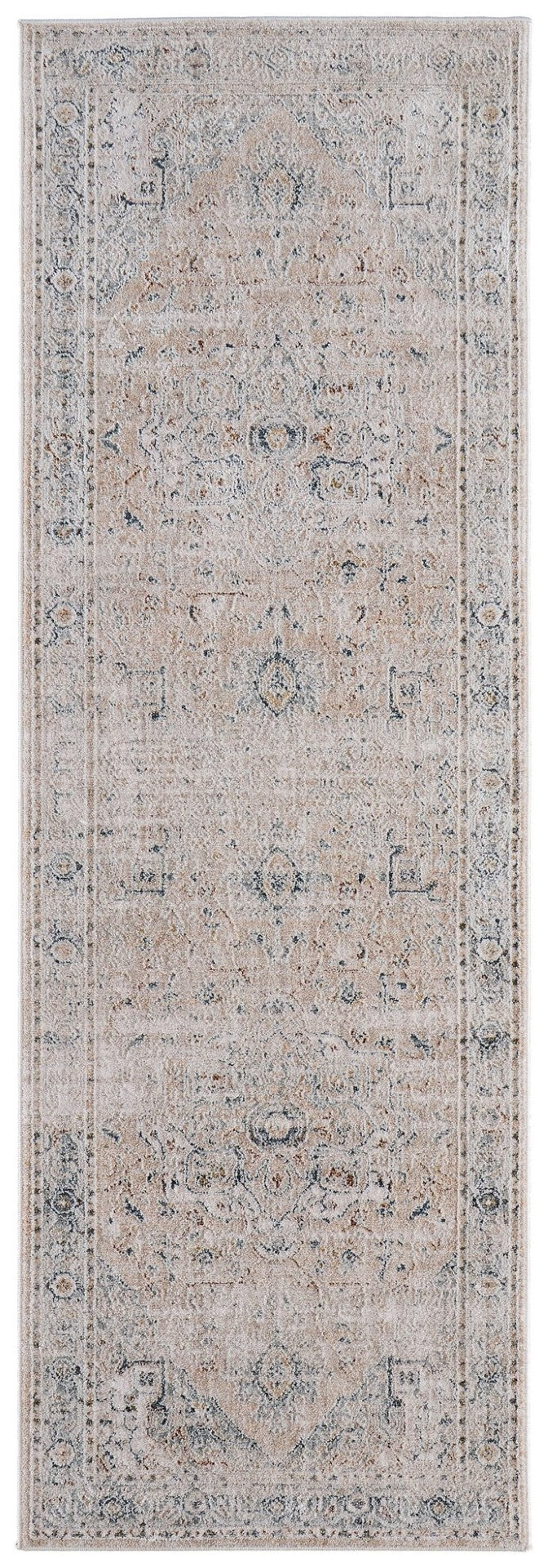 HomeRoots 8' Elegant Ivory, Taupe & Blue Distressed Runner Rug with Fringed Edges for High-Traffic Areas 617121