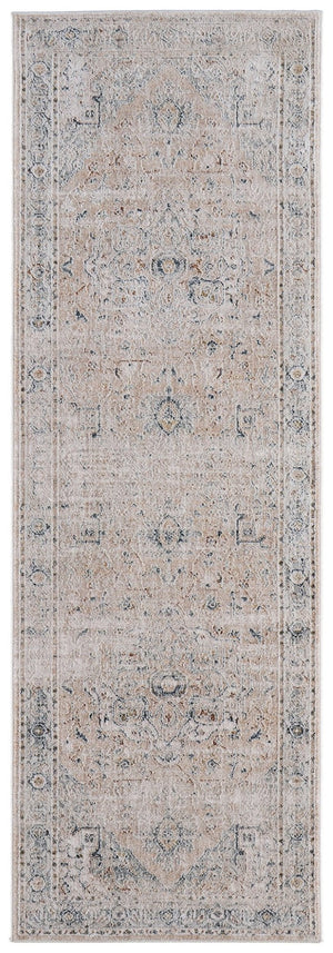 HomeRoots 8' Elegant Ivory, Taupe & Blue Distressed Runner Rug with Fringed Edges for High-Traffic Areas 617121
