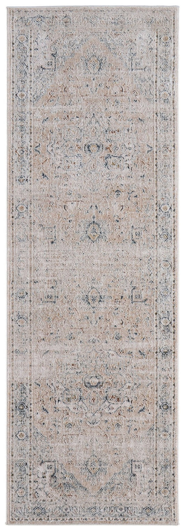 HomeRoots 8' Elegant Ivory, Taupe & Blue Distressed Runner Rug with Fringed Edges for High-Traffic Areas 617121
