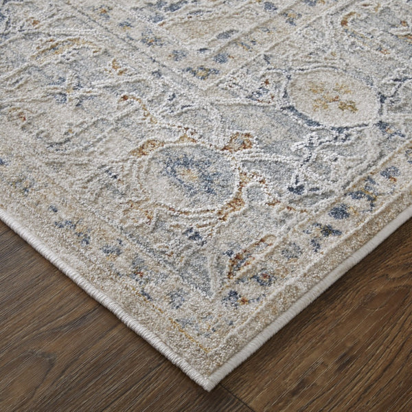 Homeroots 8' Ivory Taupe & Blue Distressed Runner Rug With Fringe - Bohemian Style, Stain-resistant Accent Ivory,Taupe,Blue Polyester Blend 617121