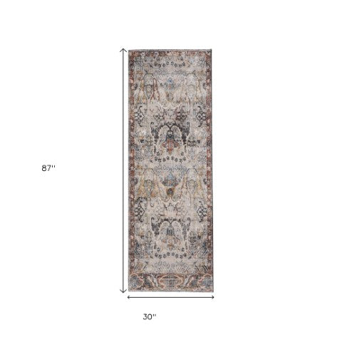 Homeroots 8' Ivory Red And Gray Ikat Runner Rug - Durable, Stain-resistant, Bohemian Style For Any Space Ivory,Red,Gray Polypropylene Blend 617122