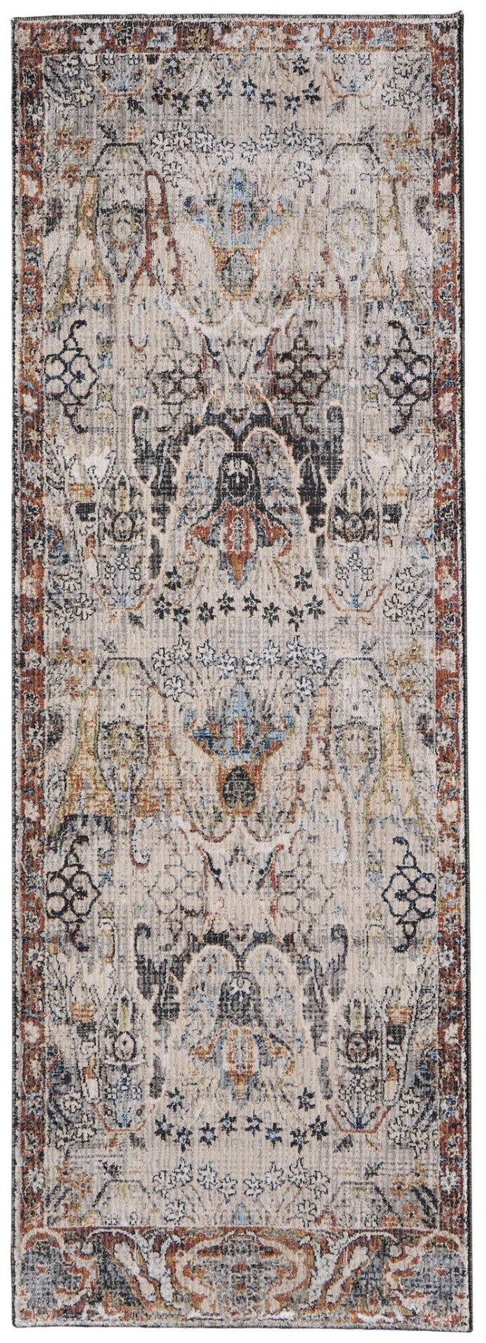 HomeRoots 8' Ikat Runner Rug in Gray, Black & Red – Durable, Stain-Resistant, Perfect for High-Traffic Areas! 617122