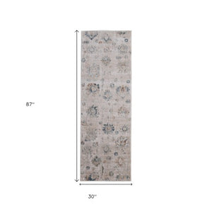 Homeroots 8' Taupe Ivory And Blue Floral Distressed Runner Rug With Fringe - Stylish, Stain Resistant, Bohemian Charm Taupe,Ivory,Blue Polyester Blend 617126