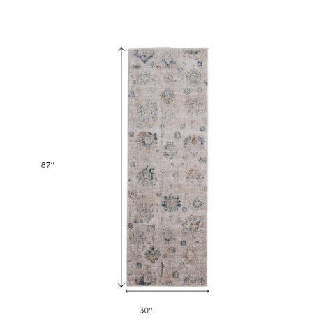 Homeroots 8' Taupe Ivory And Blue Floral Distressed Runner Rug With Fringe - Stylish, Stain Resistant, Bohemian Charm Taupe,Ivory,Blue Polyester Blend 617126