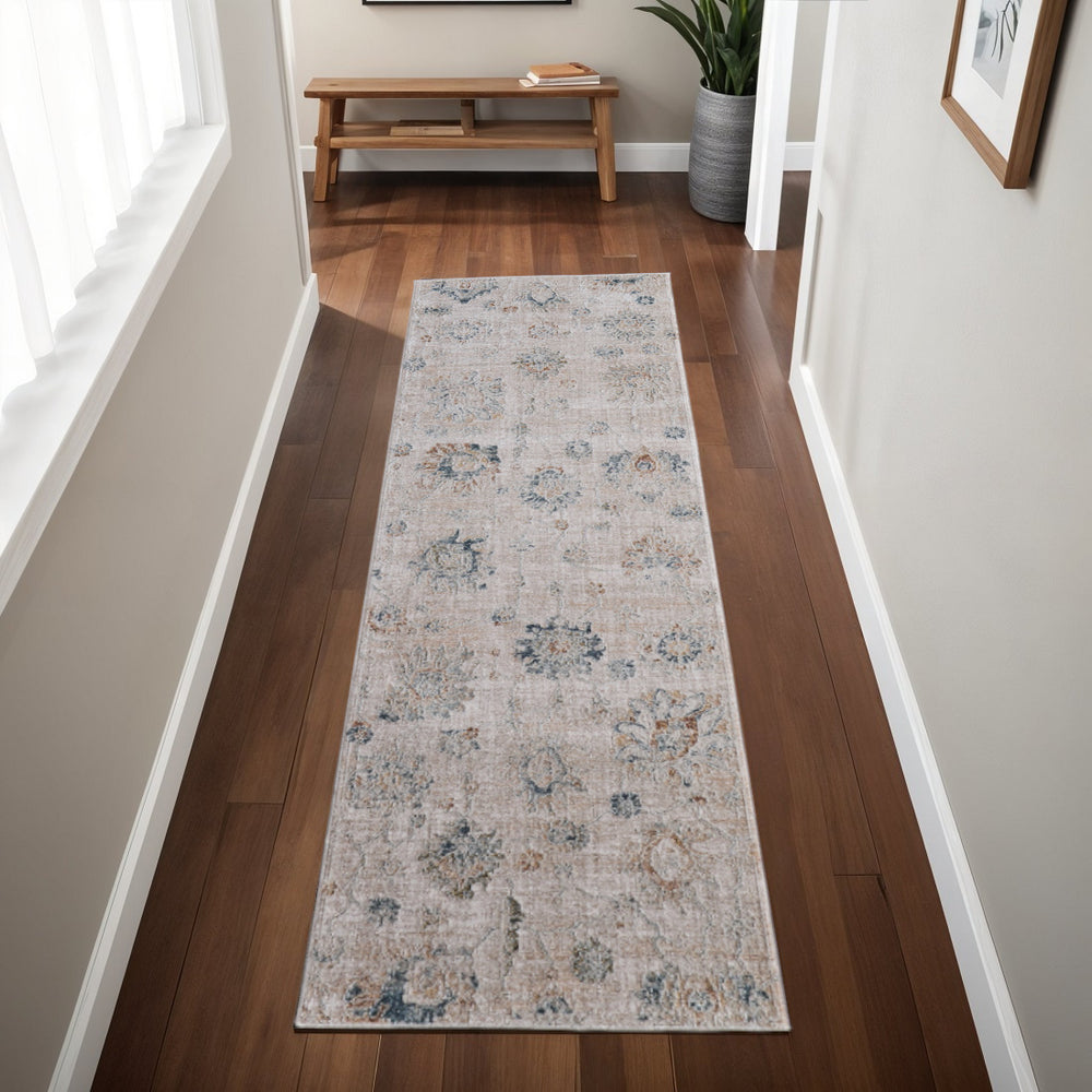 Homeroots 8' Taupe Ivory And Blue Floral Distressed Runner Rug With Fringe - Stylish, Stain Resistant, Bohemian Charm Taupe,Ivory,Blue Polyester Blend 617126