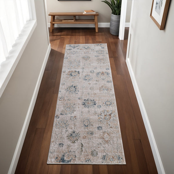 Homeroots 8' Taupe Ivory And Blue Floral Distressed Runner Rug With Fringe - Stylish, Stain Resistant, Bohemian Charm Taupe,Ivory,Blue Polyester Blend 617126