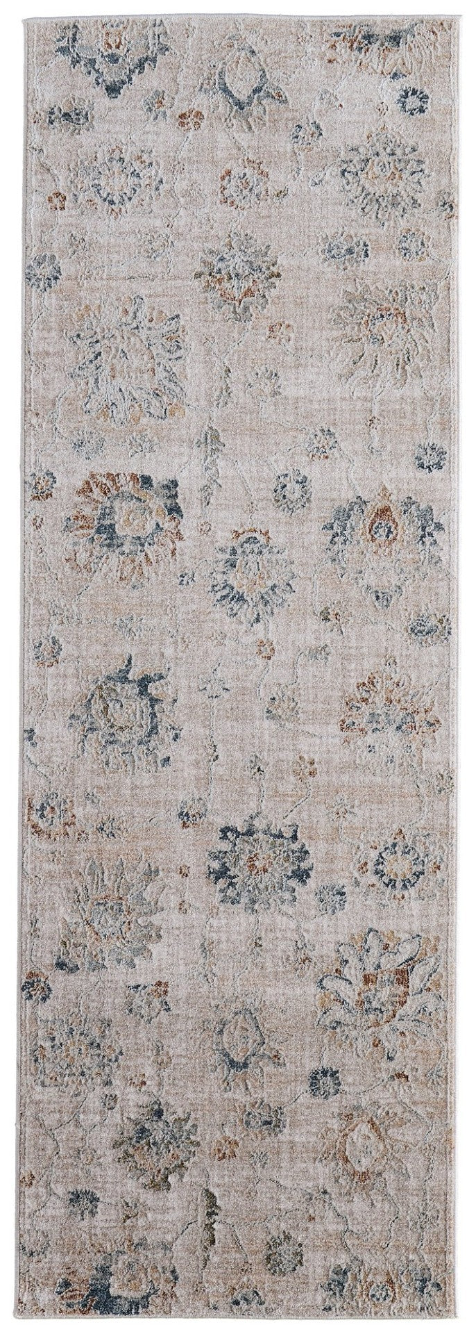 HomeRoots 8' Taupe Ivory and Blue Floral Distressed Runner Rug with Fringe - Stylish, Stain-Resistant Design! 617126