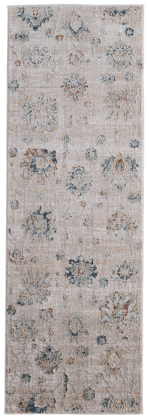 HomeRoots 8' Taupe Ivory and Blue Floral Distressed Runner Rug with Fringe - Stylish, Stain-Resistant Design! 617126