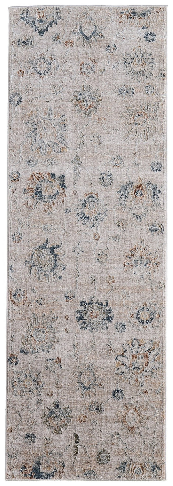 HomeRoots 8' Taupe Ivory and Blue Floral Distressed Runner Rug with Fringe - Stylish, Stain-Resistant Design! 617126
