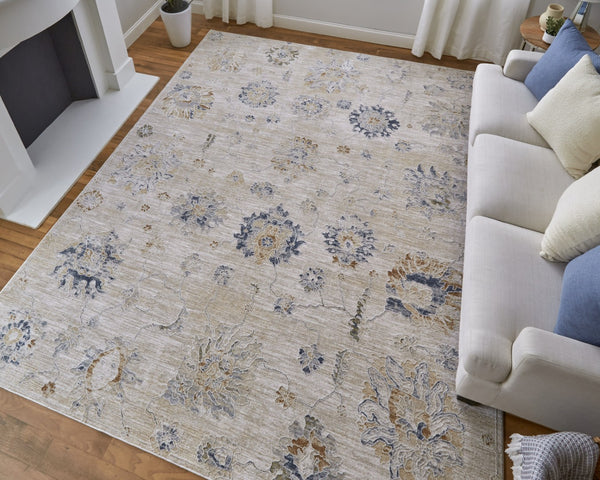 Homeroots 8' Taupe Ivory And Blue Floral Distressed Runner Rug With Fringe - Stylish, Stain Resistant, Bohemian Charm Taupe,Ivory,Blue Polyester Blend 617126