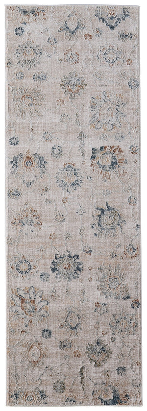 Homeroots 8' Taupe Ivory And Blue Floral Distressed Runner Rug With Fringe - Stylish, Stain Resistant, Bohemian Charm Taupe,Ivory,Blue Polyester Blend 617126