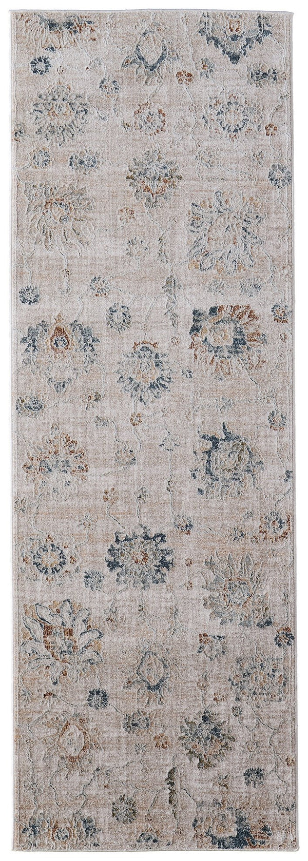 Homeroots 8' Taupe Ivory And Blue Floral Distressed Runner Rug With Fringe - Stylish, Stain Resistant, Bohemian Charm Taupe,Ivory,Blue Polyester Blend 617126